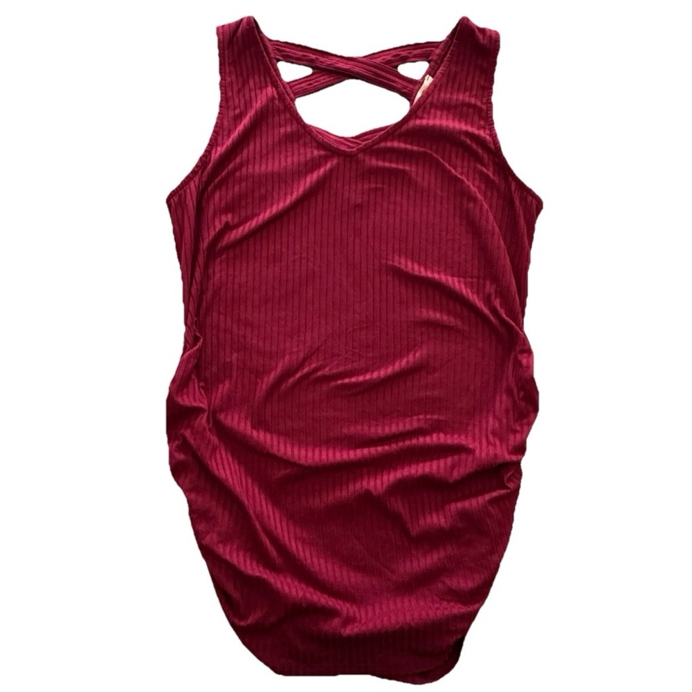 Full Moon Maternity Tank Top Red Ribbed Ruched Side Criss Cross Back L